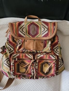 ✨️ GUC Anthropologie Hayden Harnett Fabric Leather Backpack Geometric Retro